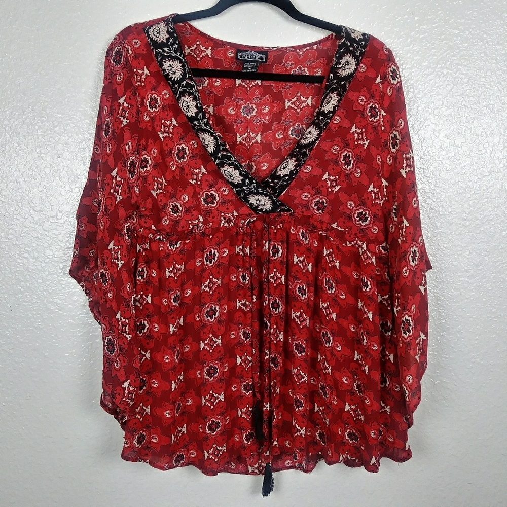 Angie Red Boho Floral Cinch Waist Top. Size Large